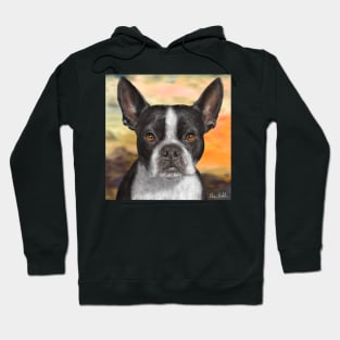 Painting of a Black and White Boston Terrier, with Orange Background Hoodie